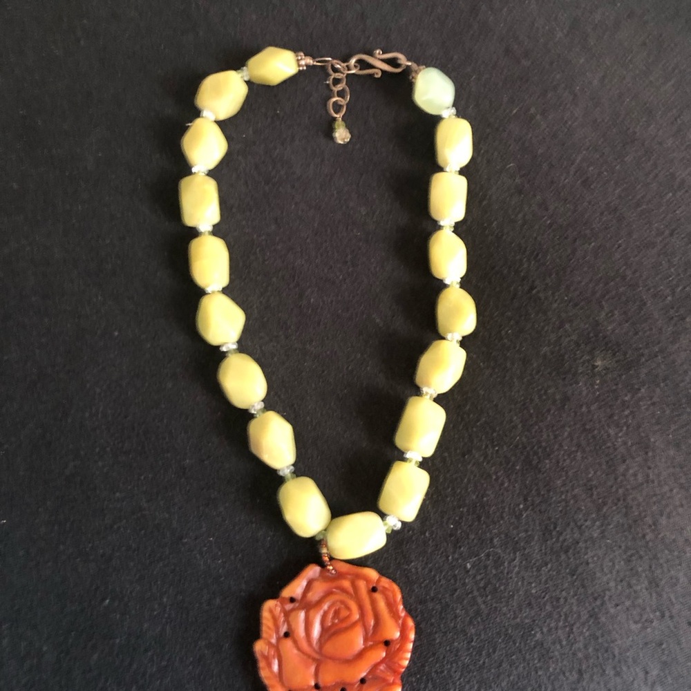 Light green Beaded Necklace with brownish Rose Pendant - Women Jewelry
